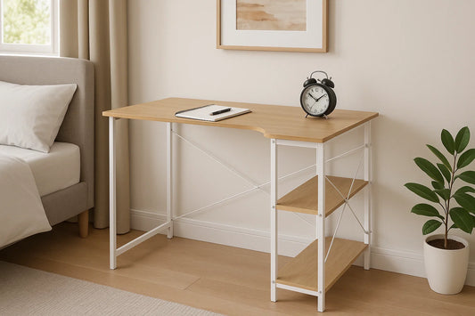 Modern L-shaped light oak and white computer desk with two shelves for home office or gaming setup