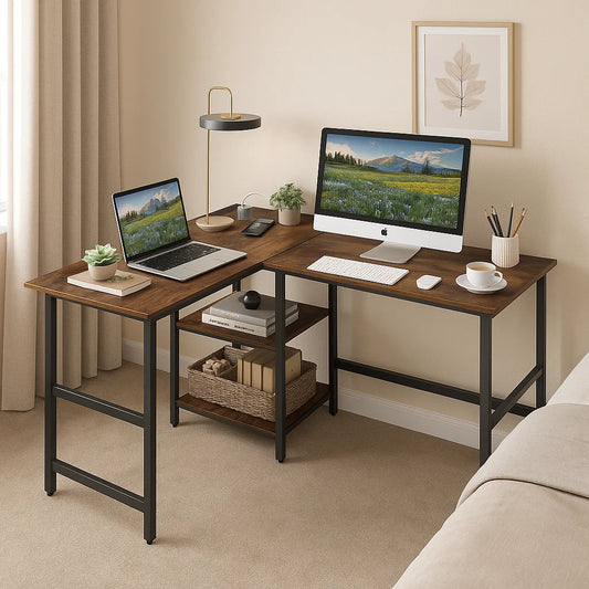 L-shaped 2-person computer desk in black and rustic brown with built-in USB charging and storage shelves