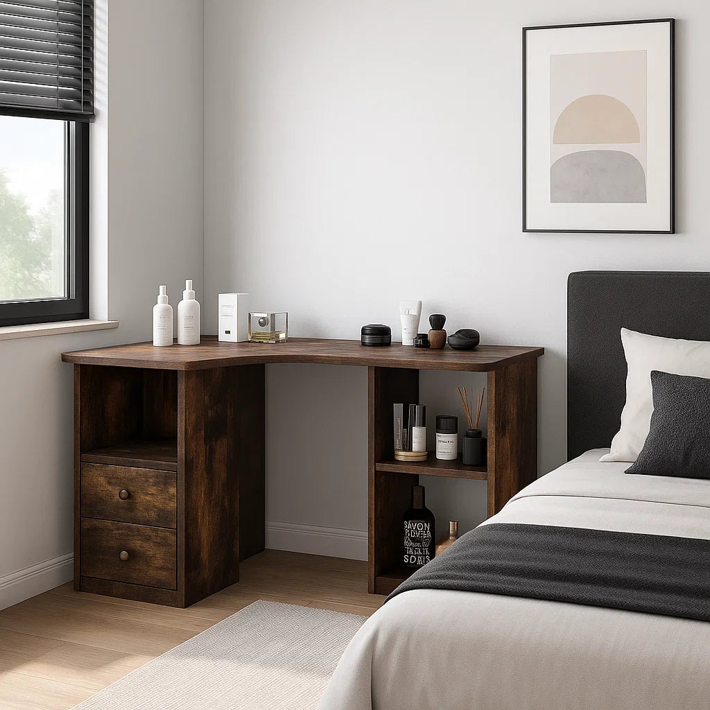 L-Shaped Corner Desk with Drawers & Shelves – 90cm Rustic Brown Computer Workstation