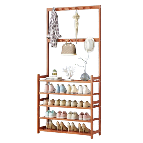 Large Wooden Hat and Coat Stand with 5 Tiers and Shoe Rack