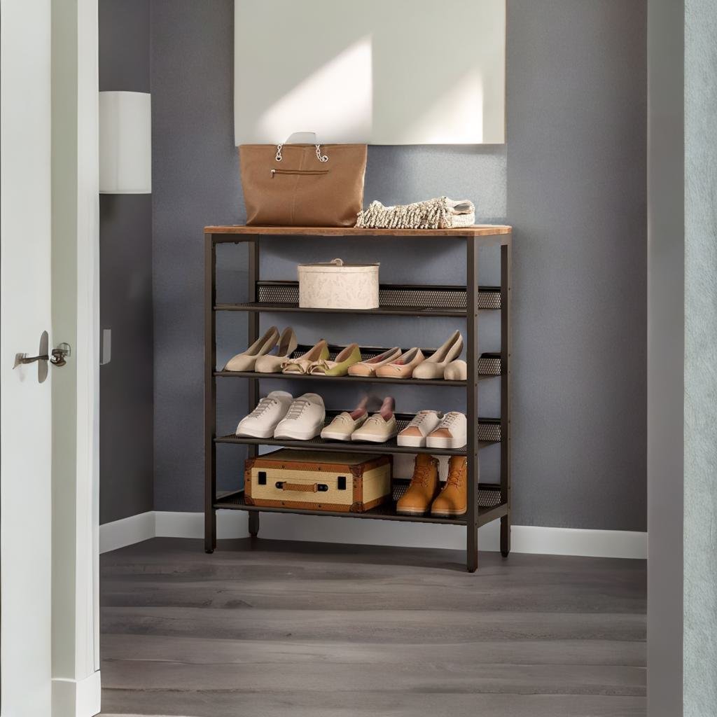 5 Tier Shoe Rack Adjustable Shelf Rustic Brown Sturdy Hallway Organizer
