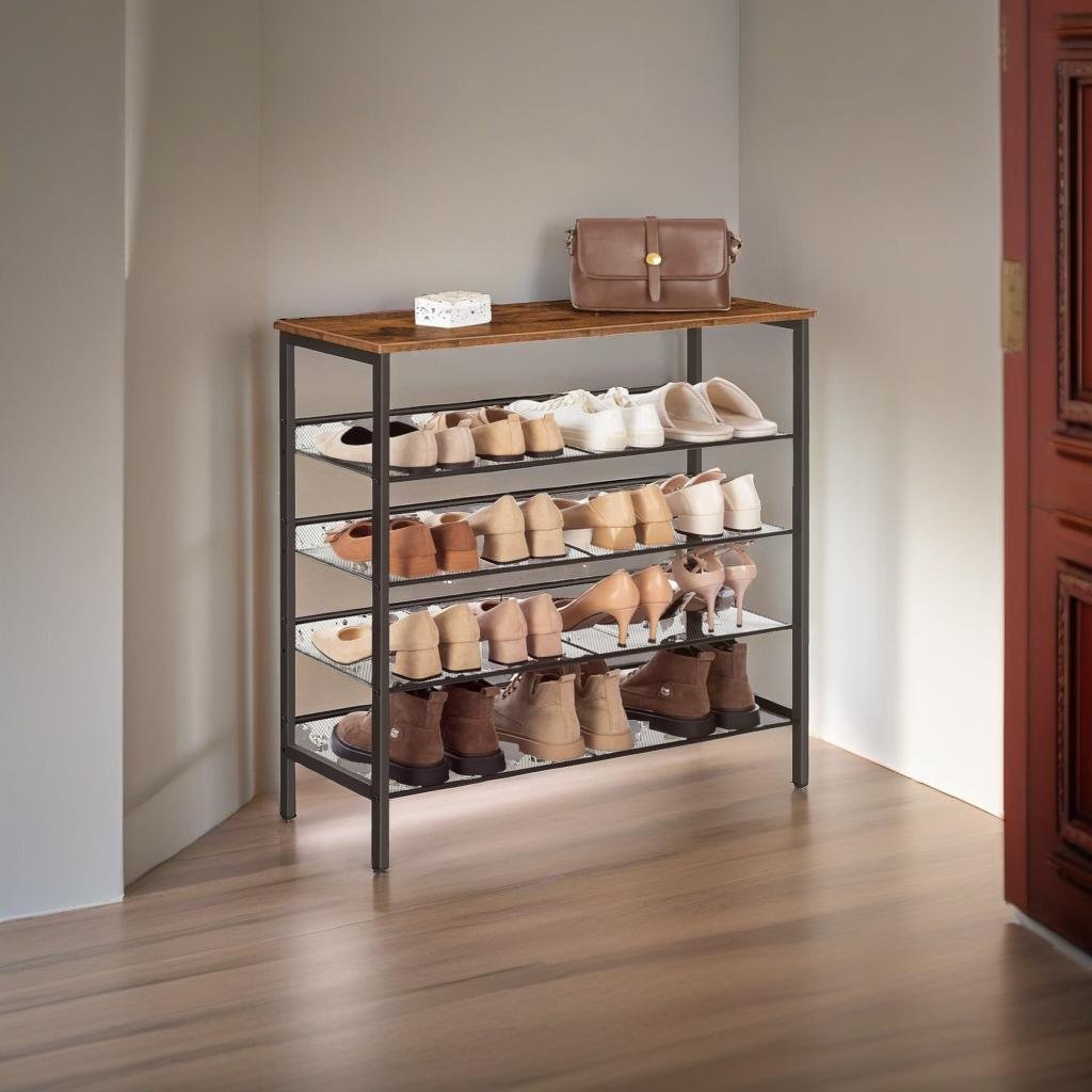 5 Tier Shoe Rack Adjustable Shelf Rustic Brown Sturdy Hallway Organizer