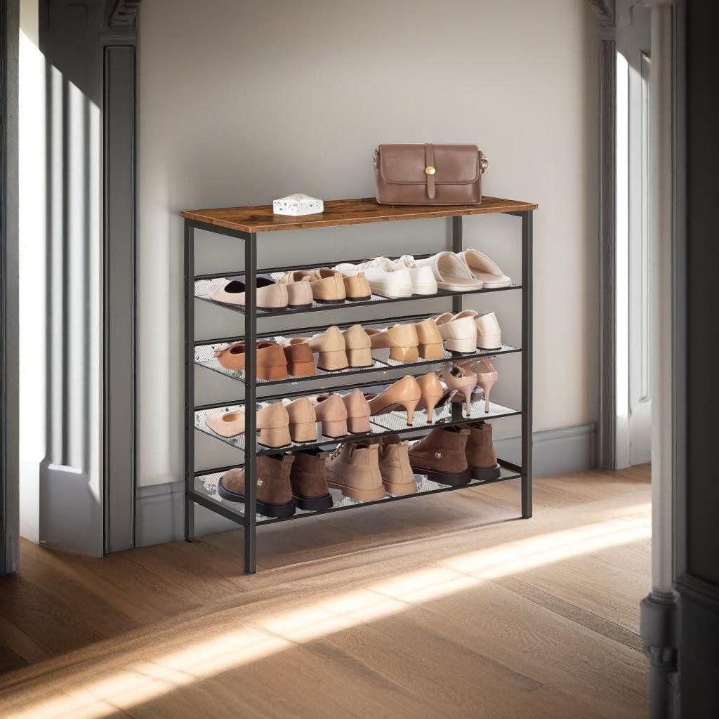5 Tier Shoe Rack Adjustable Shelf Rustic Brown Sturdy Hallway Organizer