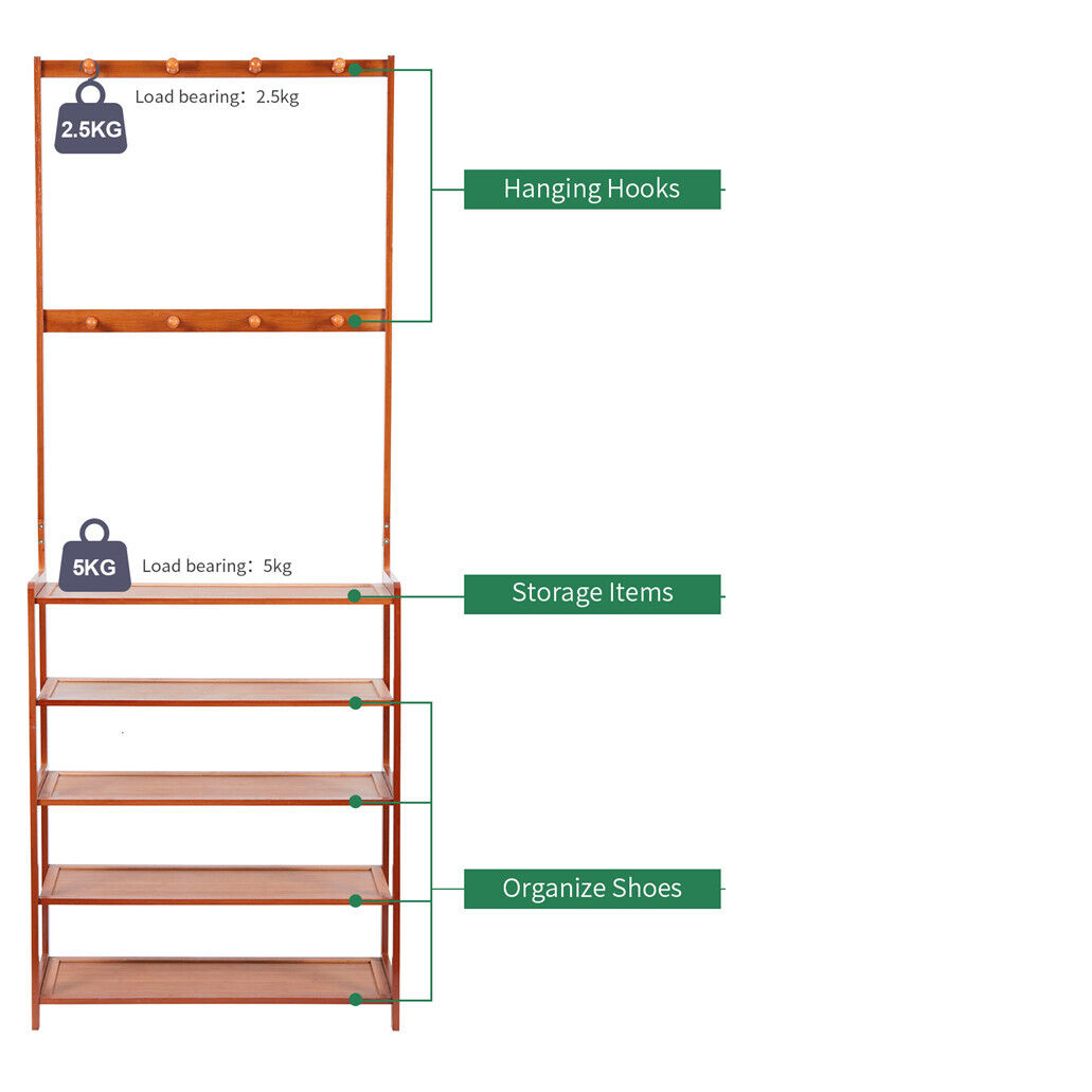 Large Wooden Hat and Coat Stand with 5 Tiers and Shoe Rack