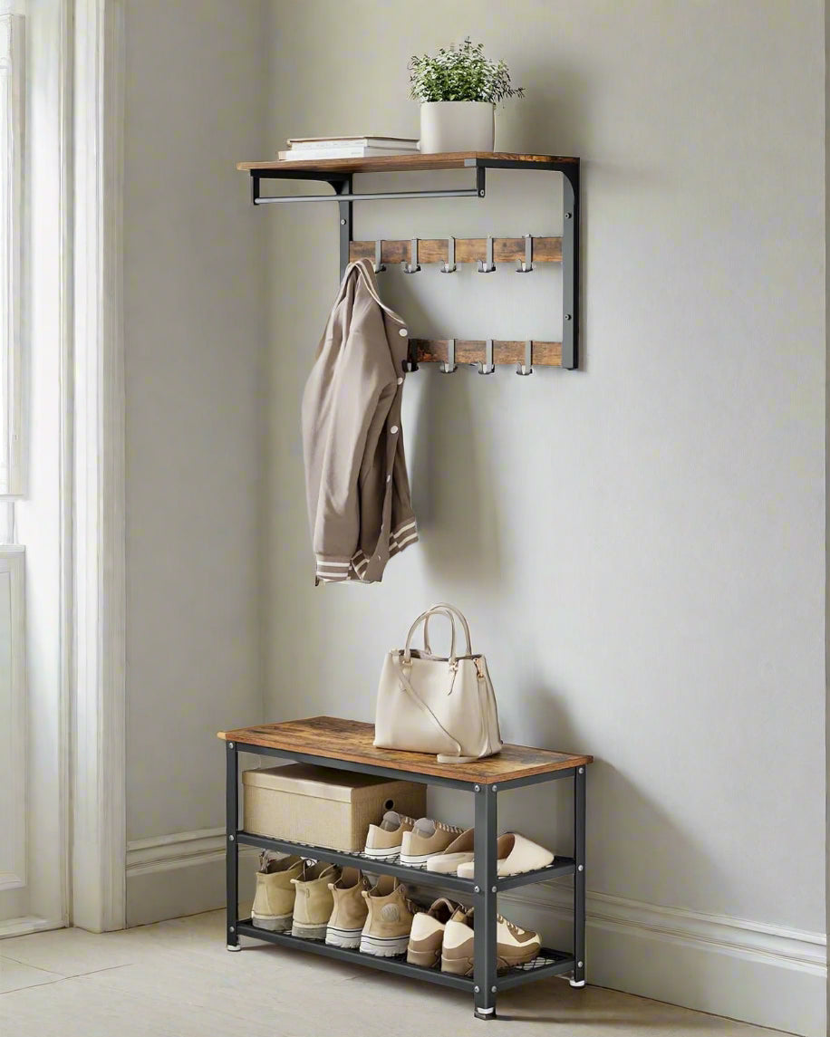 Industrial Style Shoe Bench with 2 Shelves and Steel Structure