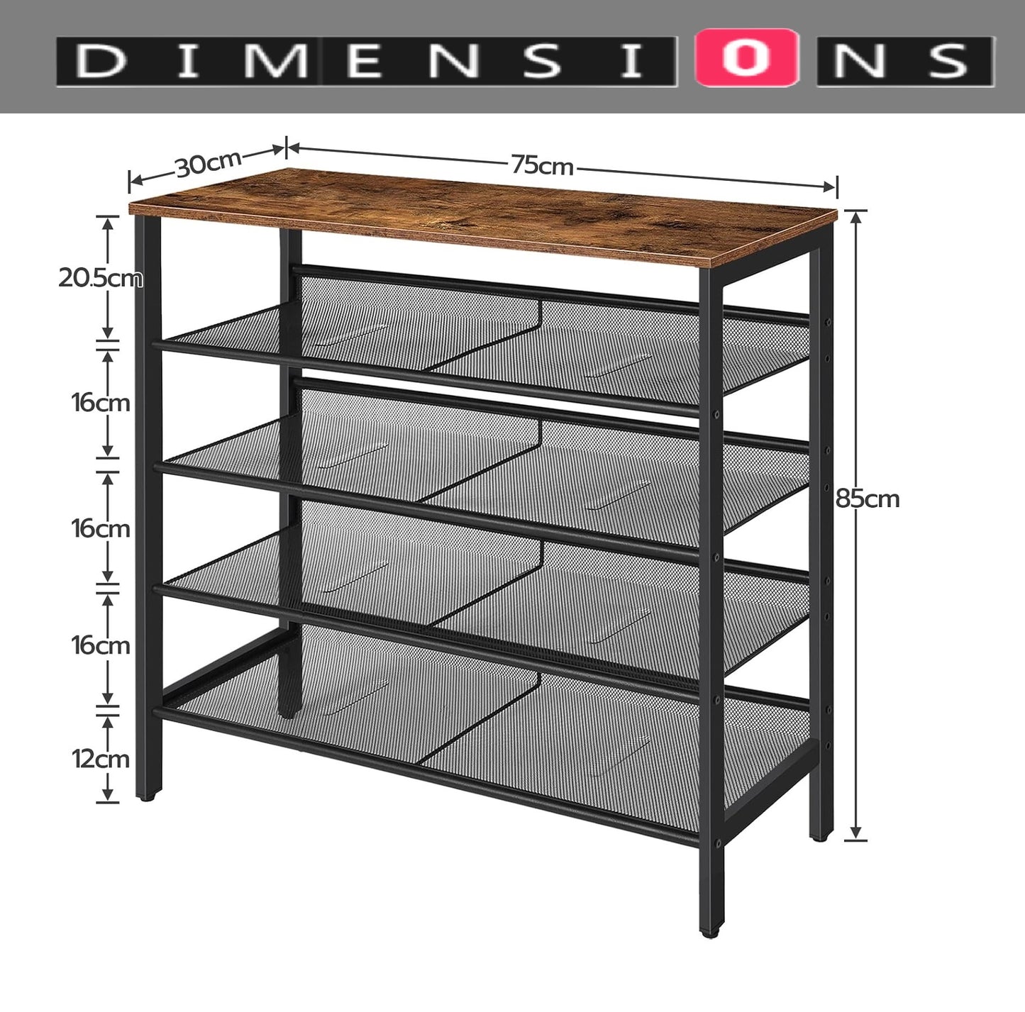 5 Tier Shoe Rack Adjustable Shelf Rustic Brown Sturdy Hallway Organizer