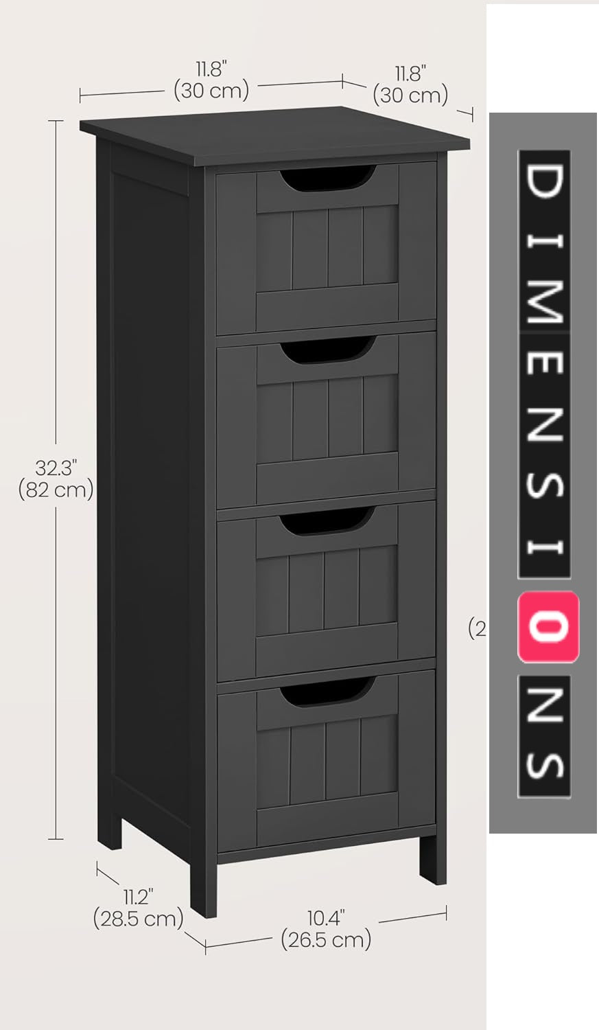 Black Bathroom Floor Storage Cabinet – Freestanding Unit with 4 Drawers
