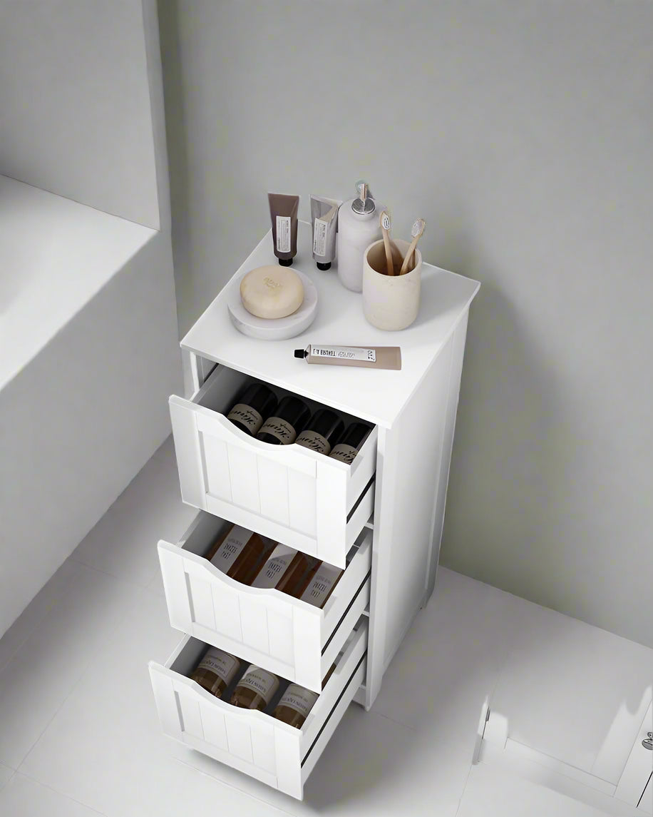 3-Drawer Floor Cabinet – Compact White Storage Unit for Bathroom and Bedroom