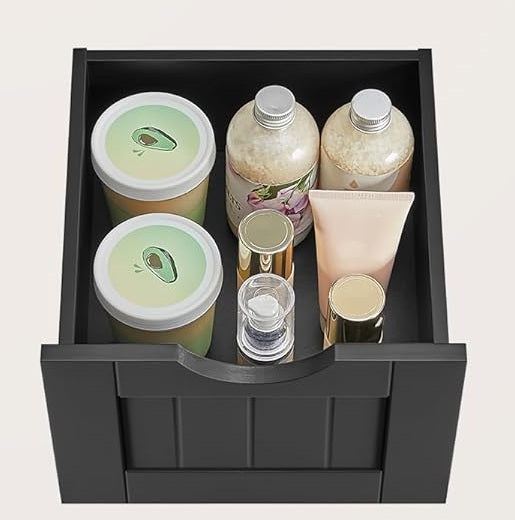 Black Bathroom Floor Storage Cabinet – Freestanding Unit with 4 Drawers