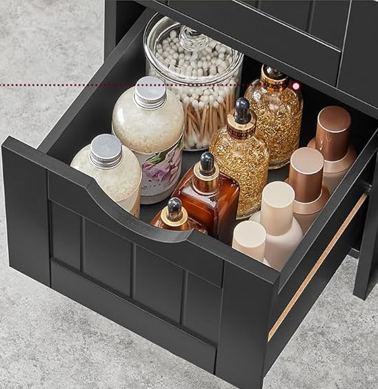 Black Bathroom Floor Storage Cabinet – Freestanding Unit with 4 Drawers