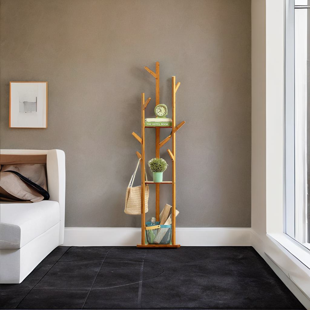 Freestanding Wooden Hanger Stand with 10 Hooks for Coats