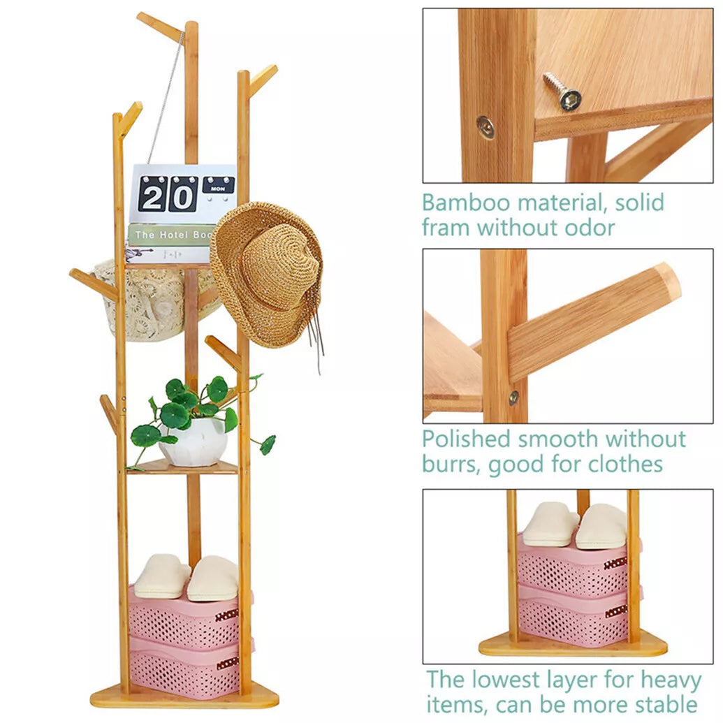 Freestanding Wooden Hanger Stand with 10 Hooks for Coats