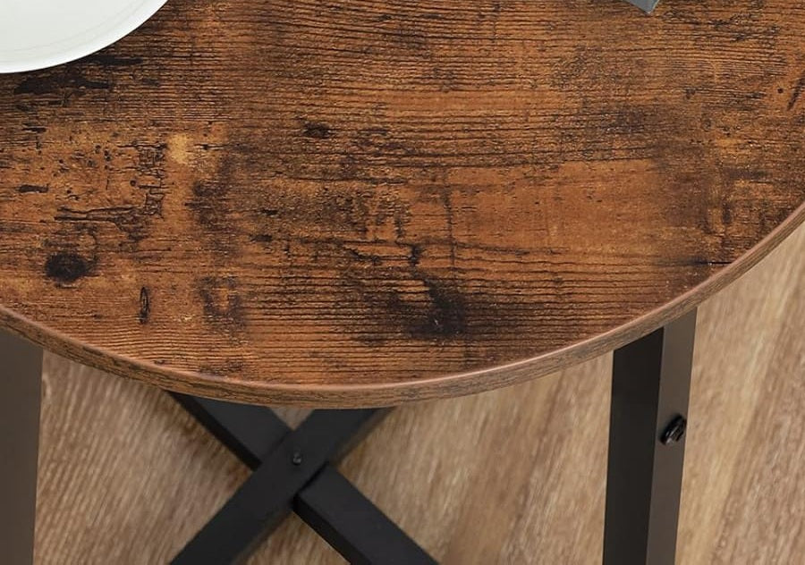 Round Side Table – Small Bedside Table, Industrial Coffee Table with Metal Frame,