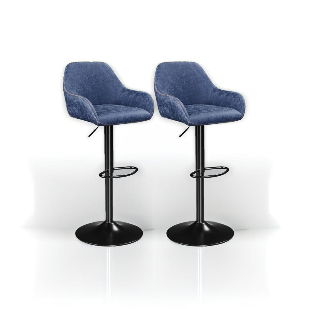 Set of 2 Adjustable Swivel Bar Stools with Backrest & Armrests – Faux Leather Blue Chairs