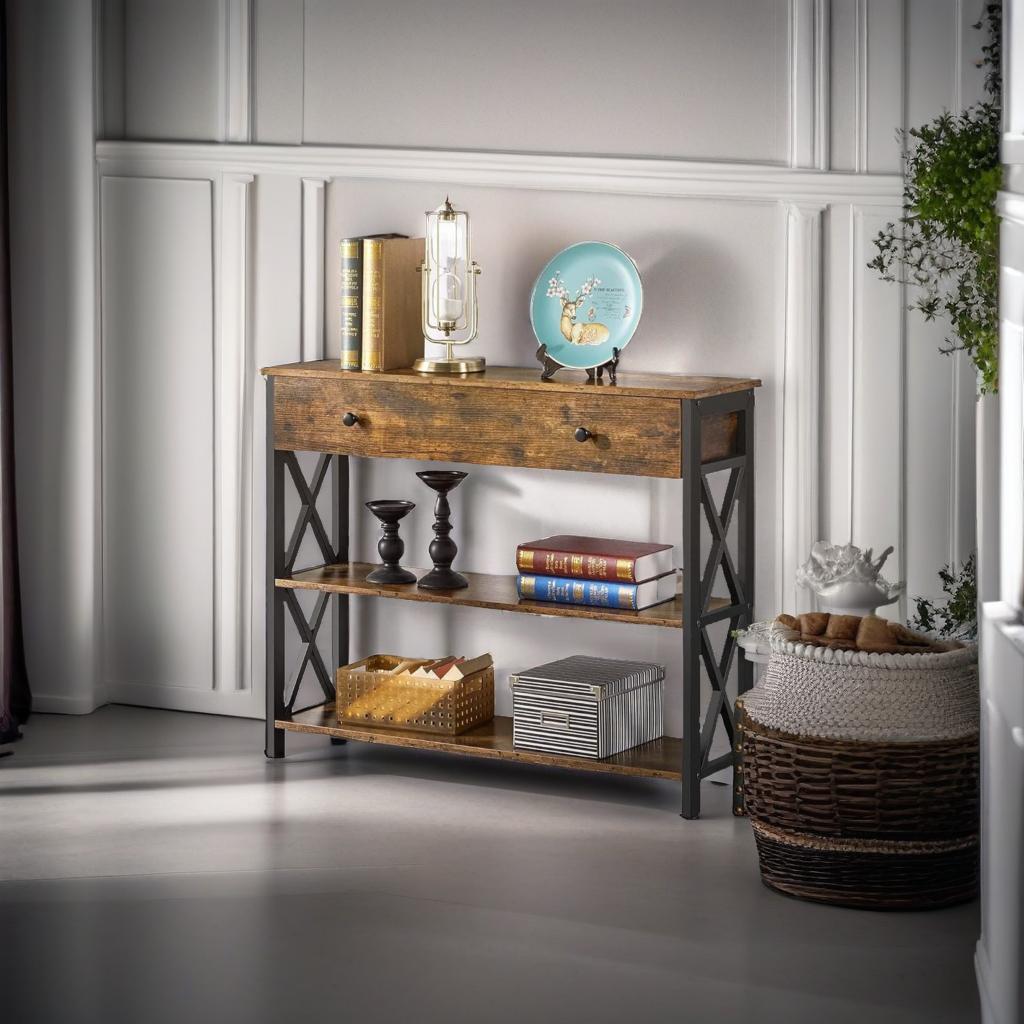 Industrial Console Table with Drawer and 2 Shelves