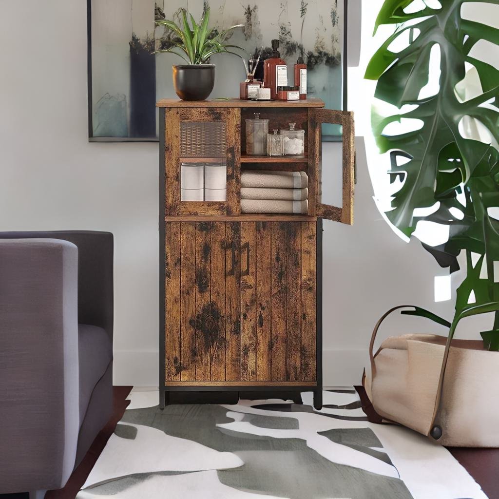 Industrial Storage Cabinet with Glass Doors & Adjustable Shelf – Rustic Brown & Black