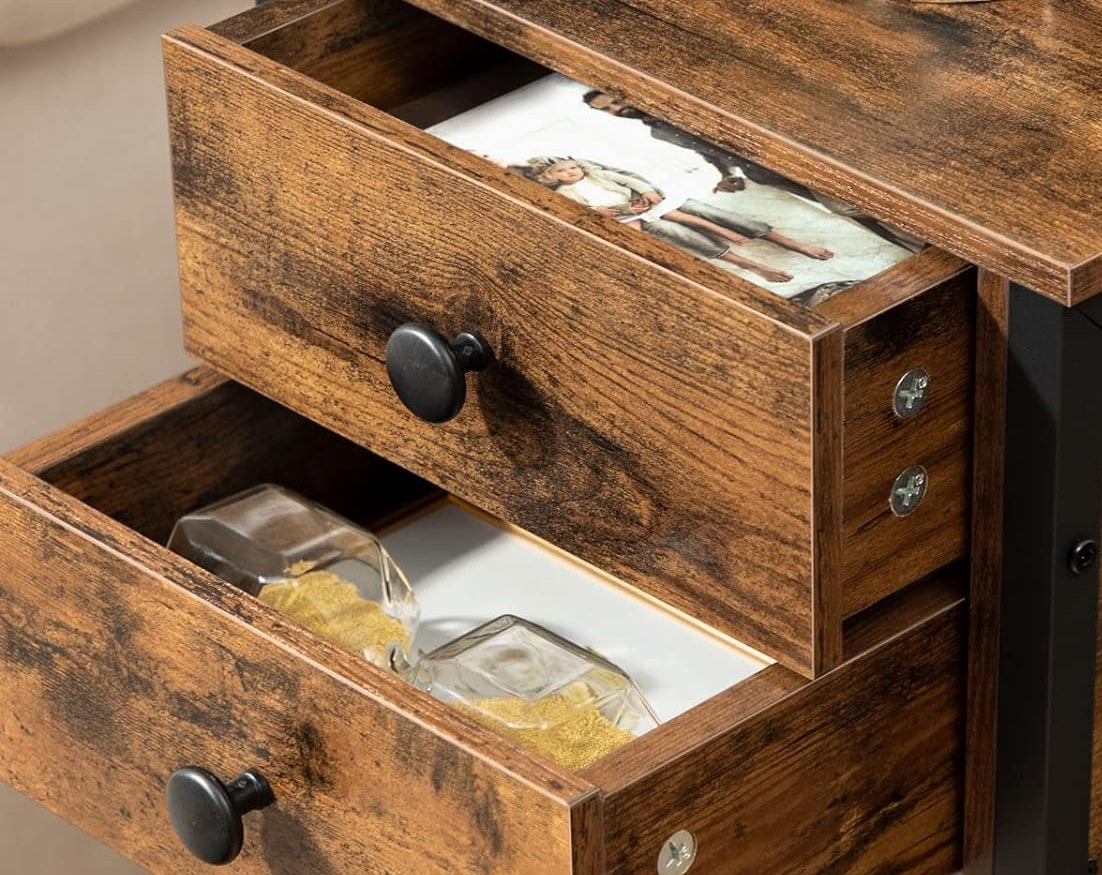 Slim Industrial Bedside Table with 2 Drawers
