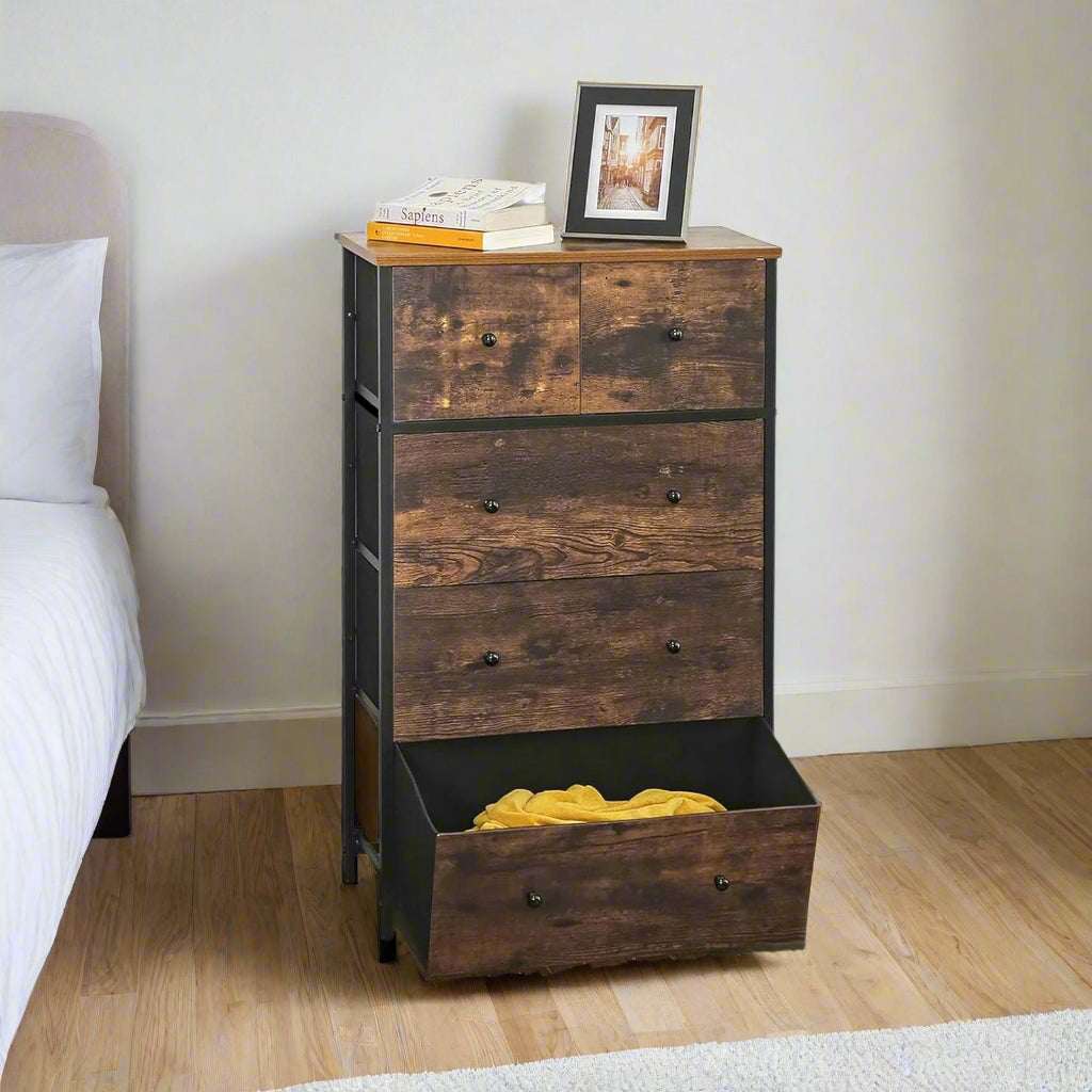 Chest of Drawers – 5-Drawer Fabric Storage Organizer Unit with Wood Handles