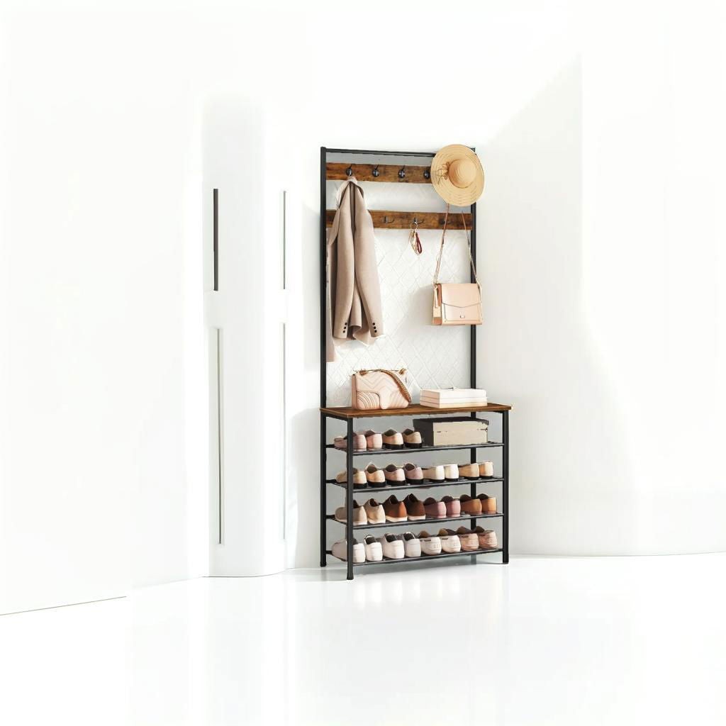 Industrial Coat Stand with Shoe Storage - Hall Tree with 9 Hooks