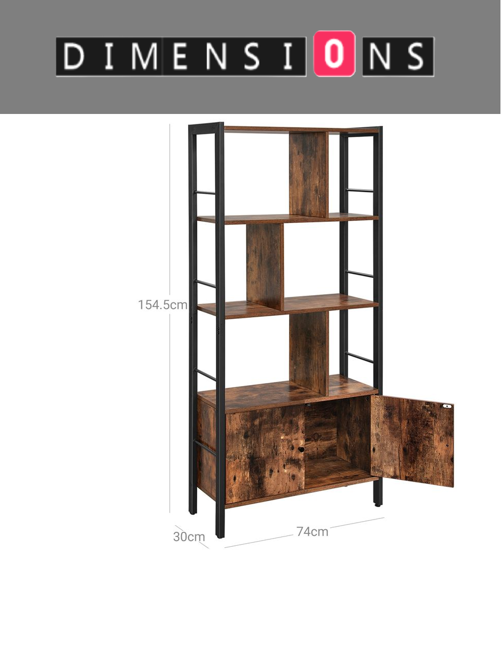 Industrial 4-Tier Bookcase with Doors