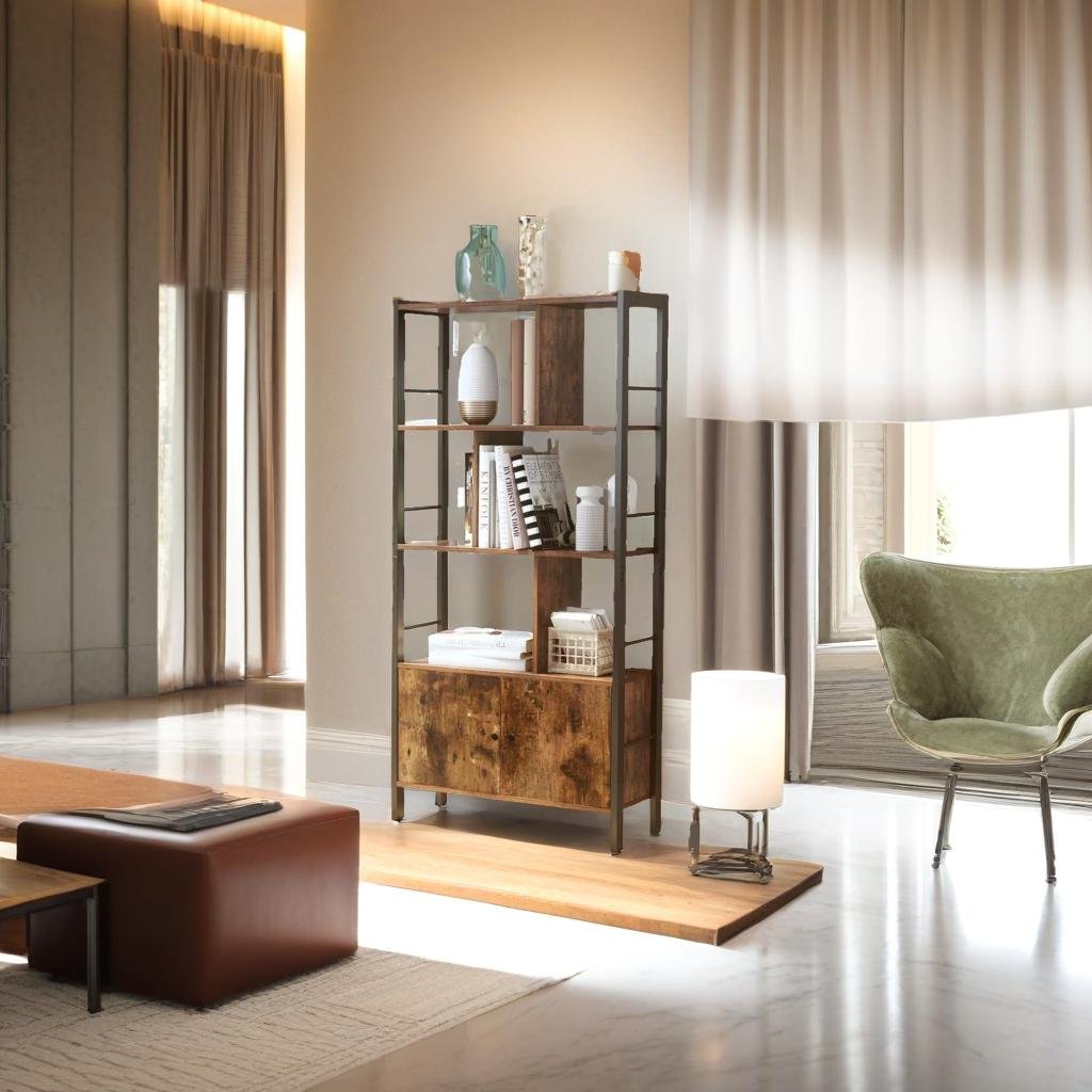 Industrial 4-Tier Bookcase with Doors