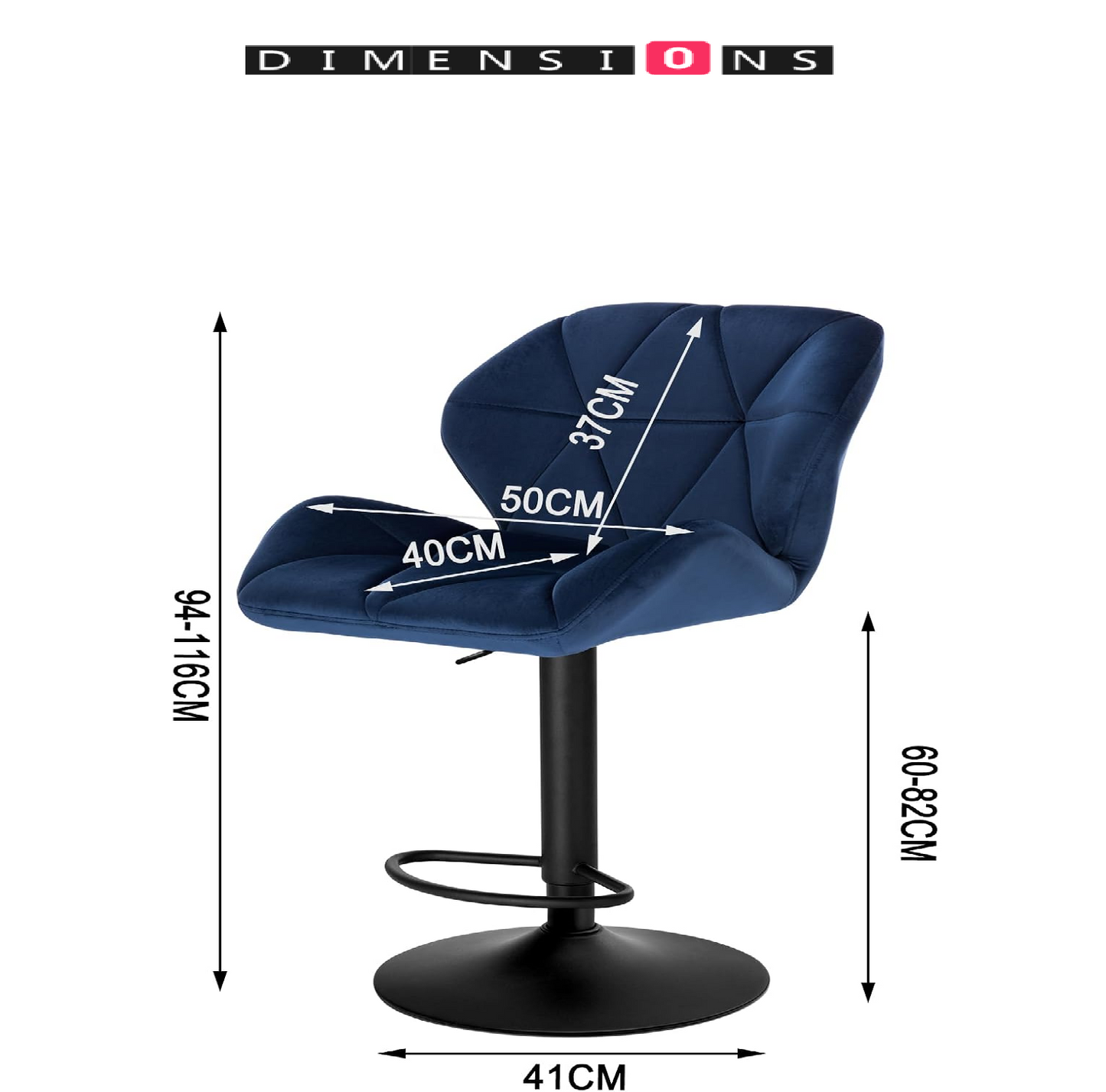 Set of 2 Velvet Blue Bar Stools – Adjustable Swivel Dining Chairs with Footrest & Black Steel