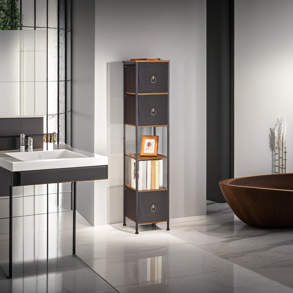 Tall Narrow Corner Storage Cabinet – 3 Fabric Drawers & 2 Open Shelves, Slim Bathroom Unit