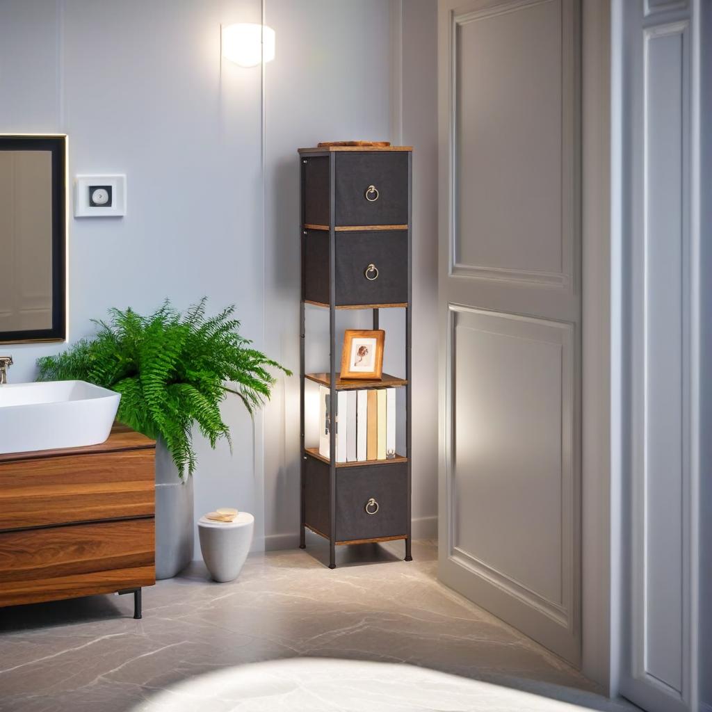 Tall Narrow Corner Storage Cabinet – 3 Fabric Drawers & 2 Open Shelves, Slim Bathroom Unit