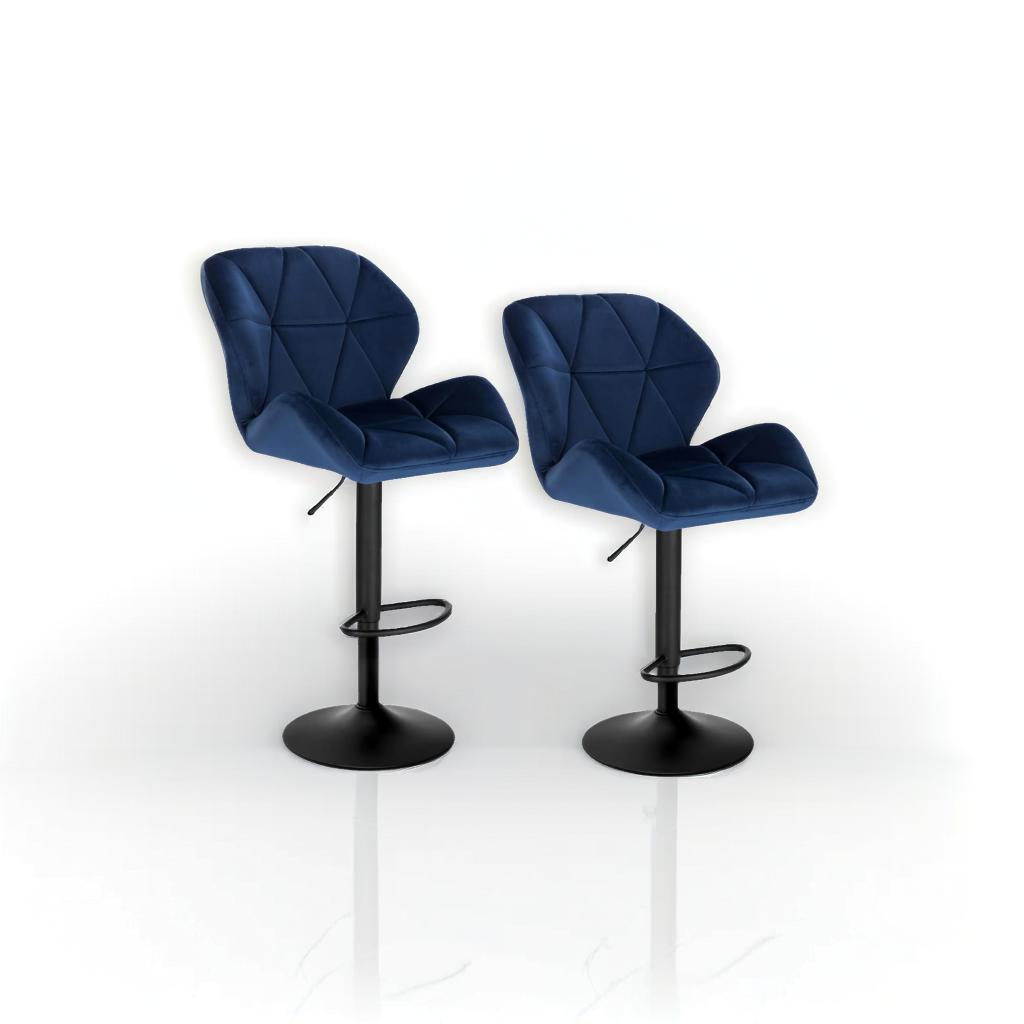Set of 2 Velvet Blue Bar Stools – Adjustable Swivel Dining Chairs with Footrest & Black Steel