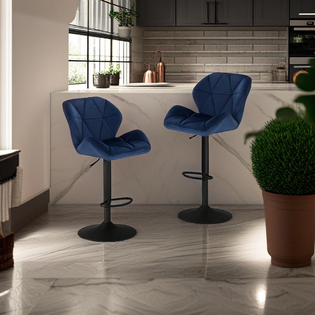 Set of 2 Velvet Blue Bar Stools – Adjustable Swivel Dining Chairs with Footrest & Black Steel