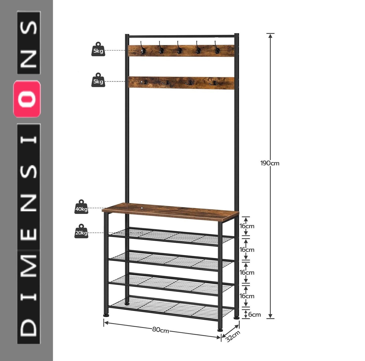 Industrial Coat Stand with Shoe Storage - Hall Tree with 9 Hooks