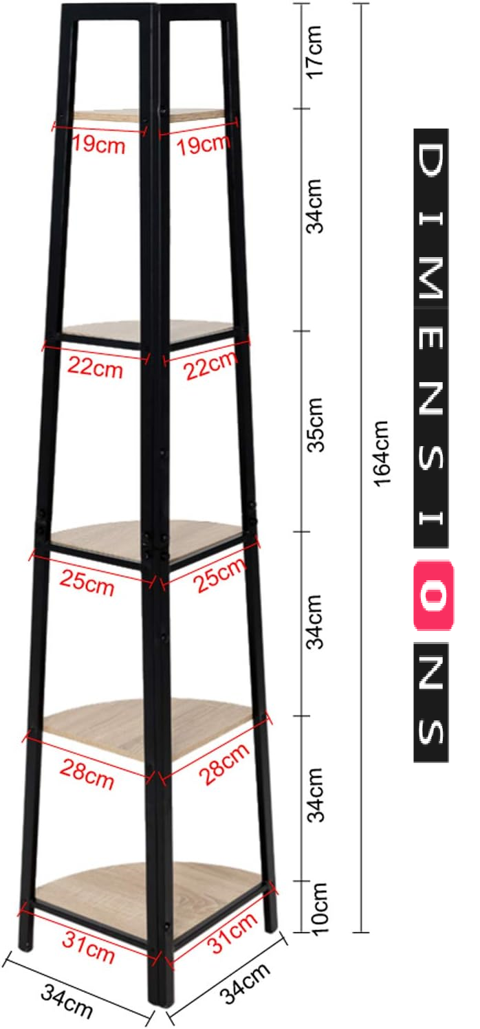 Industrial 5-Tier Corner Shelf Bookcase - Metal Frame