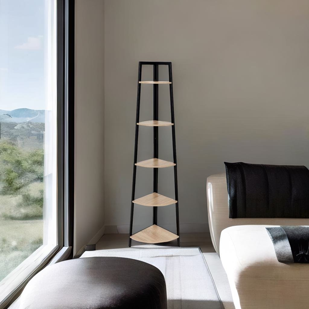Industrial 5-Tier Corner Shelf Bookcase - Metal Frame