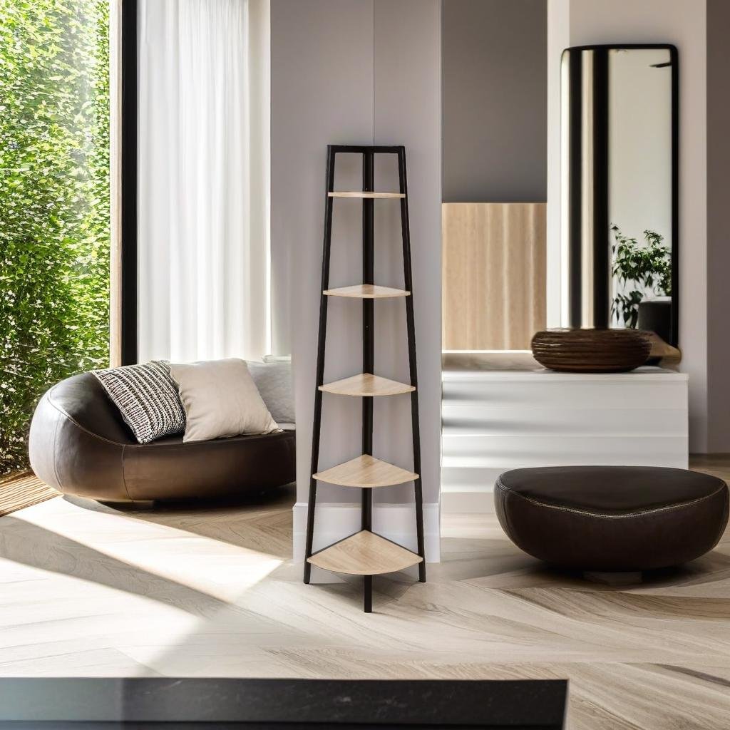 Industrial 5-Tier Corner Shelf Bookcase - Metal Frame