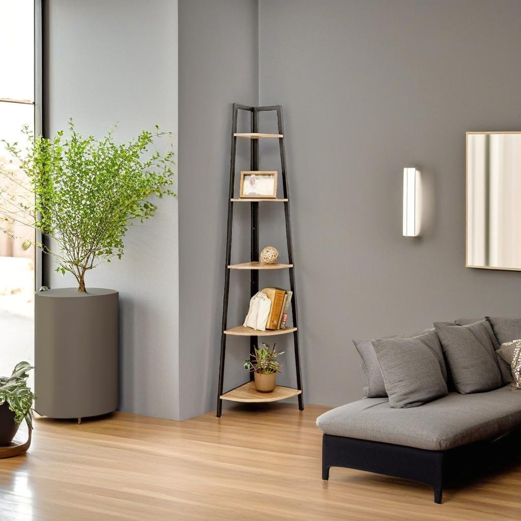 Industrial 5-Tier Corner Shelf Bookcase - Metal Frame