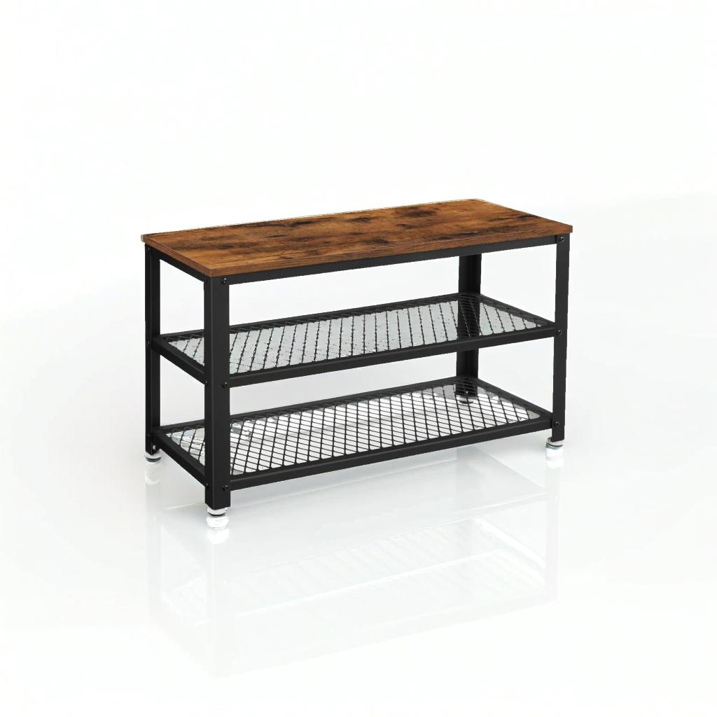 Industrial Style Shoe Bench with 2 Shelves and Steel Structure