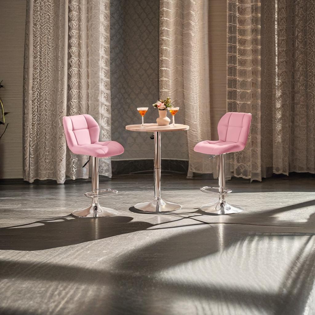 Set of 2 Pink PU Leather Bar Stools – Adjustable Swivel Counter Chairs with Backrest