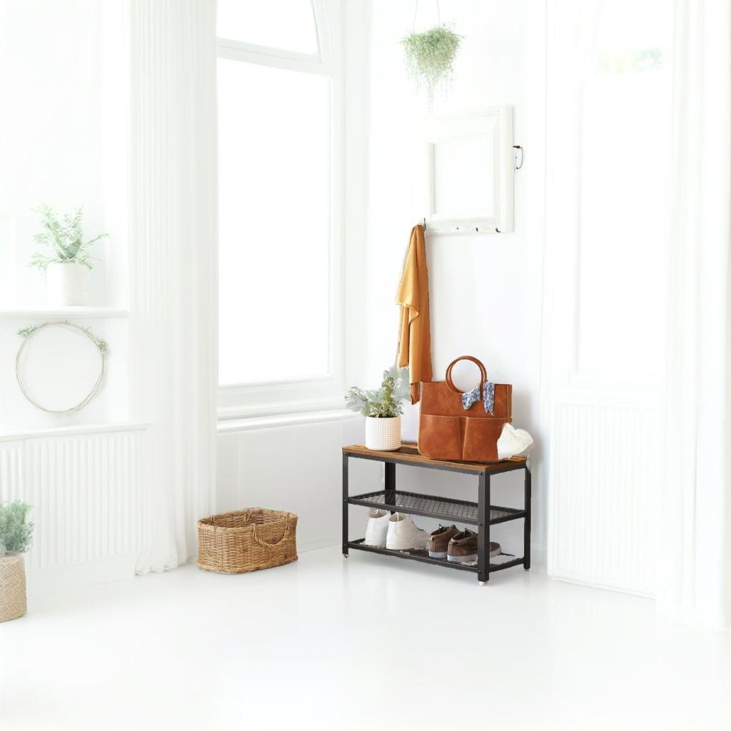 Industrial Style Shoe Bench with 2 Shelves and Steel Structure