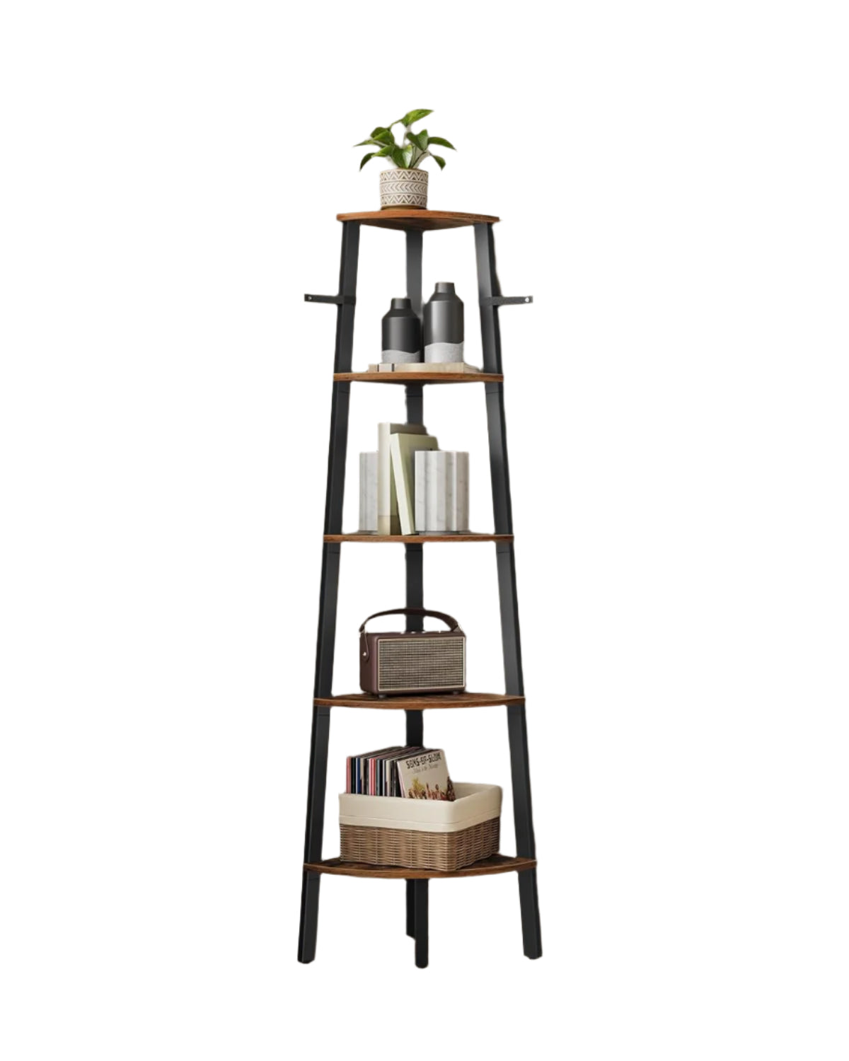 Rustic 5-Tier Corner Ladder Shelf – Industrial Bookcase & Plant Stand