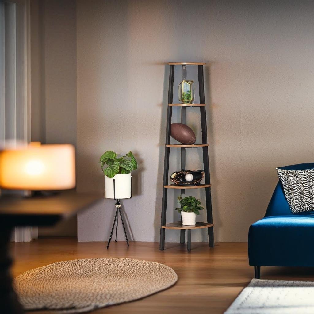 Rustic 5-Tier Corner Ladder Shelf – Industrial Bookcase & Plant Stand