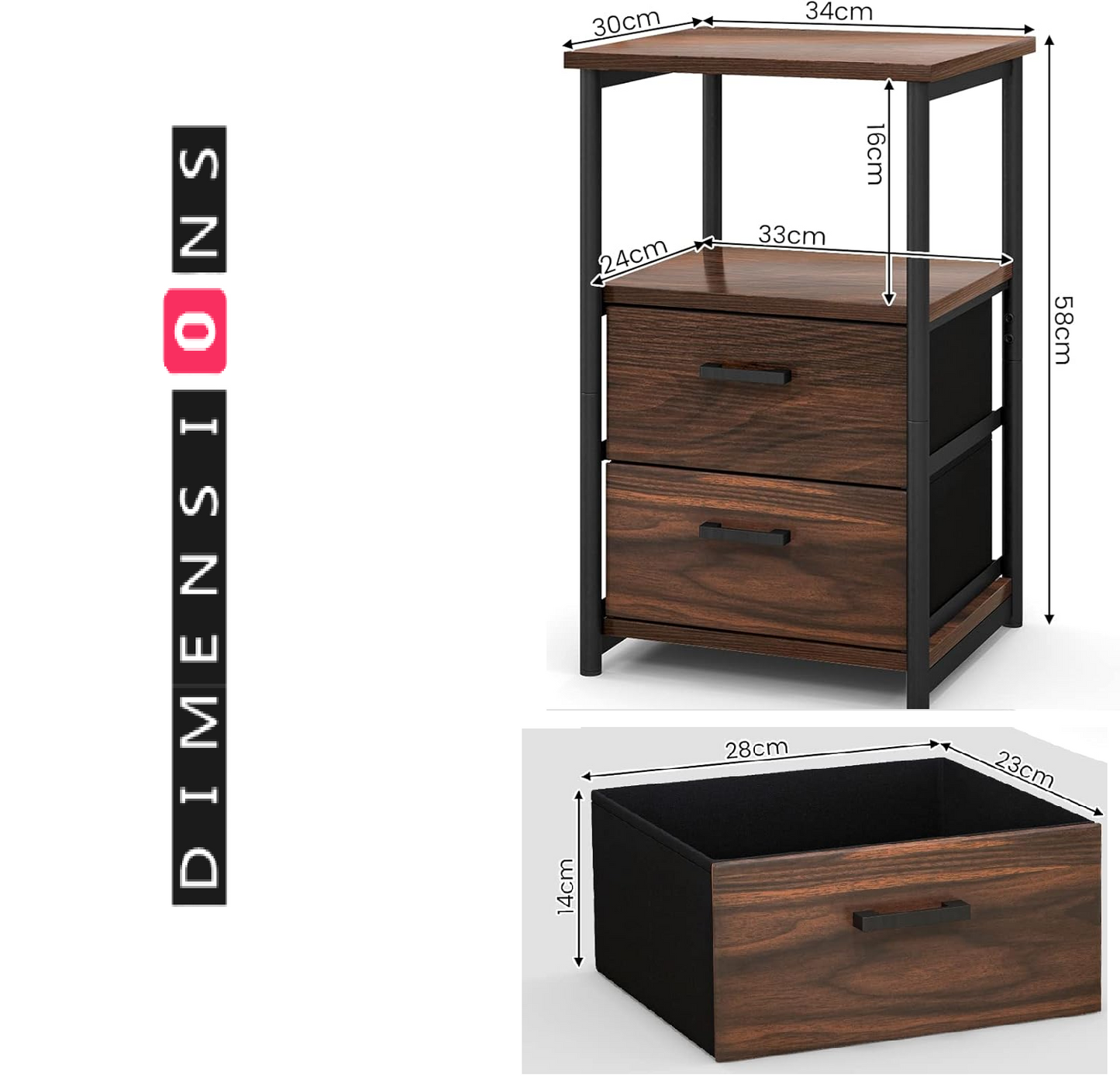 Industrial Metal Frame Nightstand with Wooden Top and 2 Folding Drawers