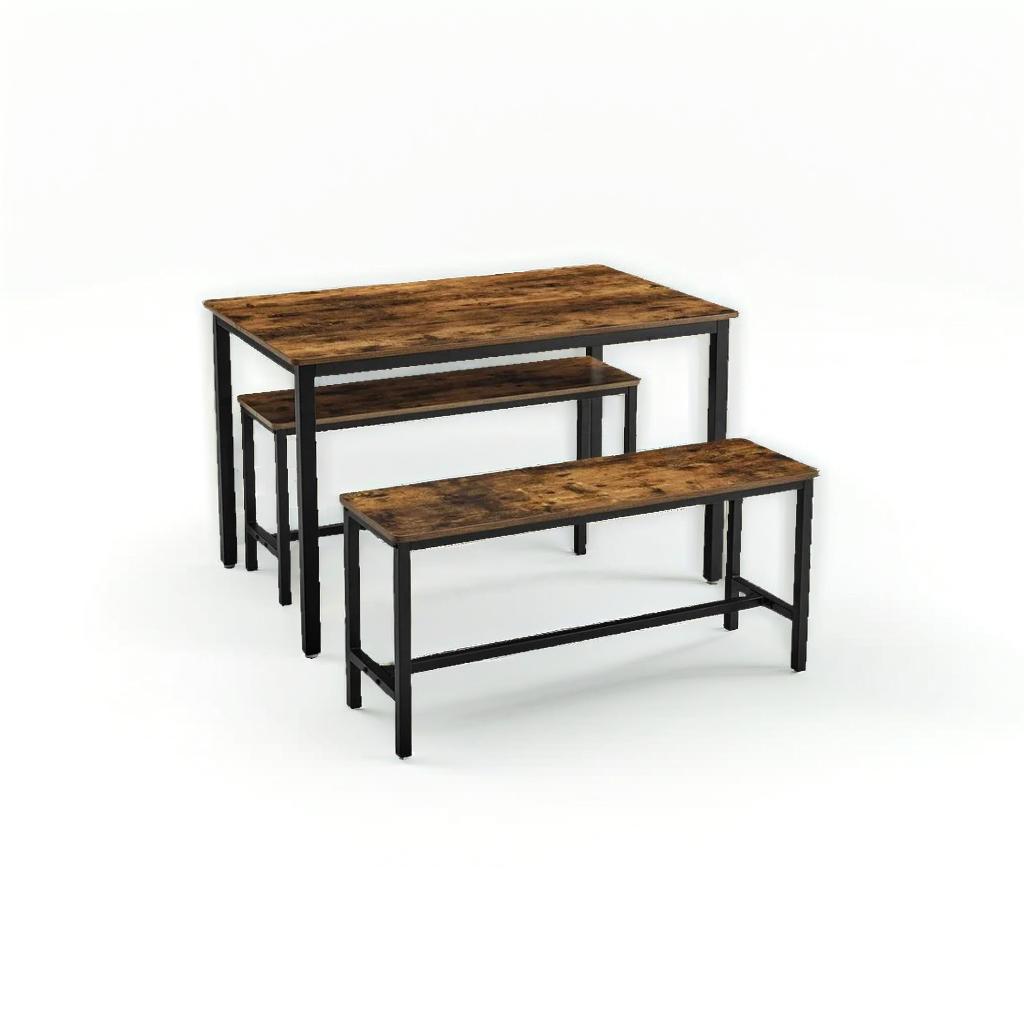 3-Piece Dining Table Set with 2 Benches – Industrial Style Space-Saving Design for 4 People