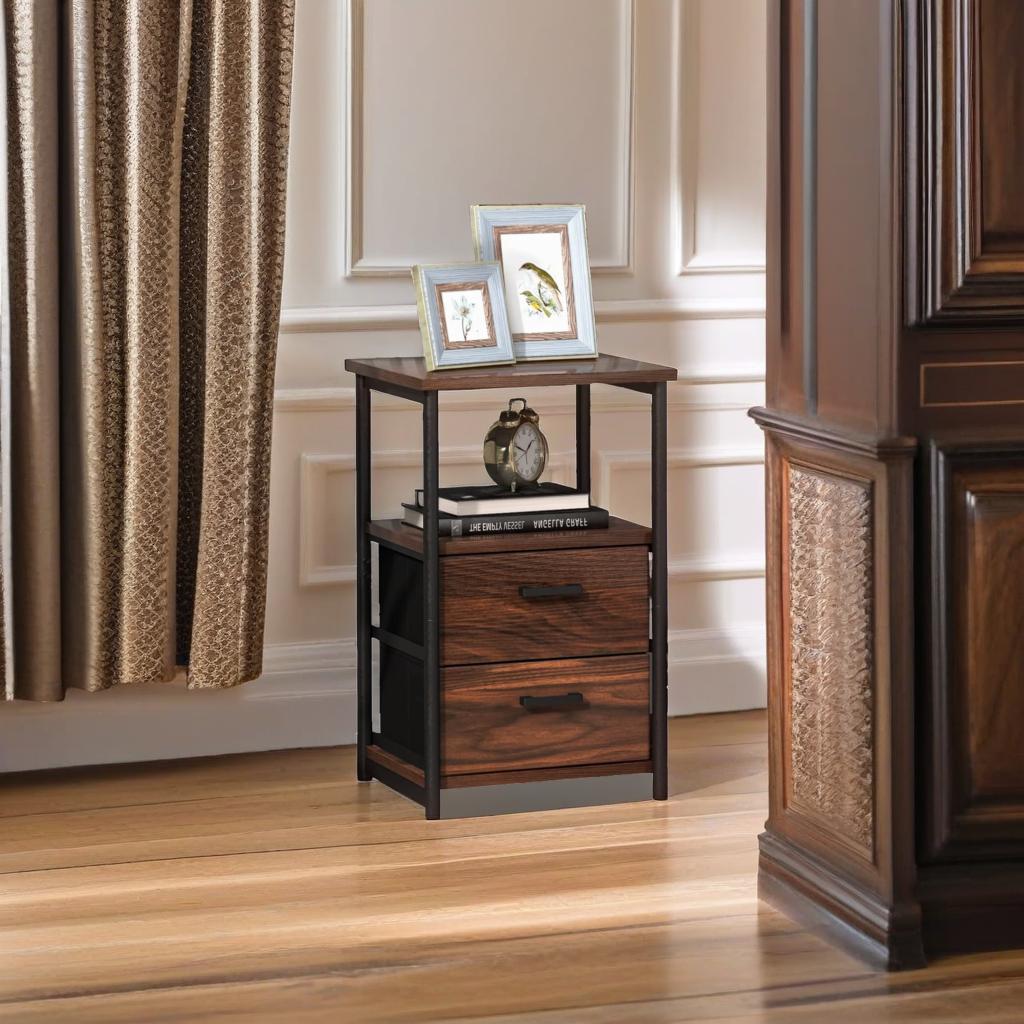 Industrial Metal Frame Nightstand with Wooden Top and 2 Folding Drawers