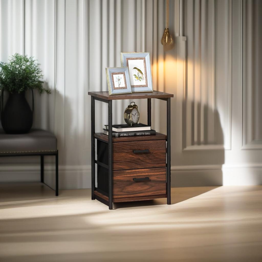 Industrial Metal Frame Nightstand with Wooden Top and 2 Folding Drawers