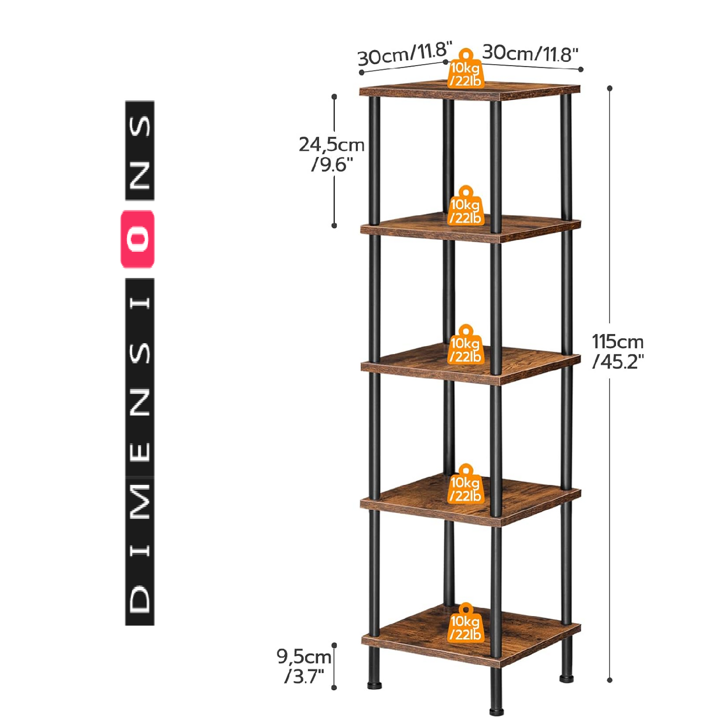 Rustic 5-Tier Tall Narrow Bookcase with Open Shelving Unit