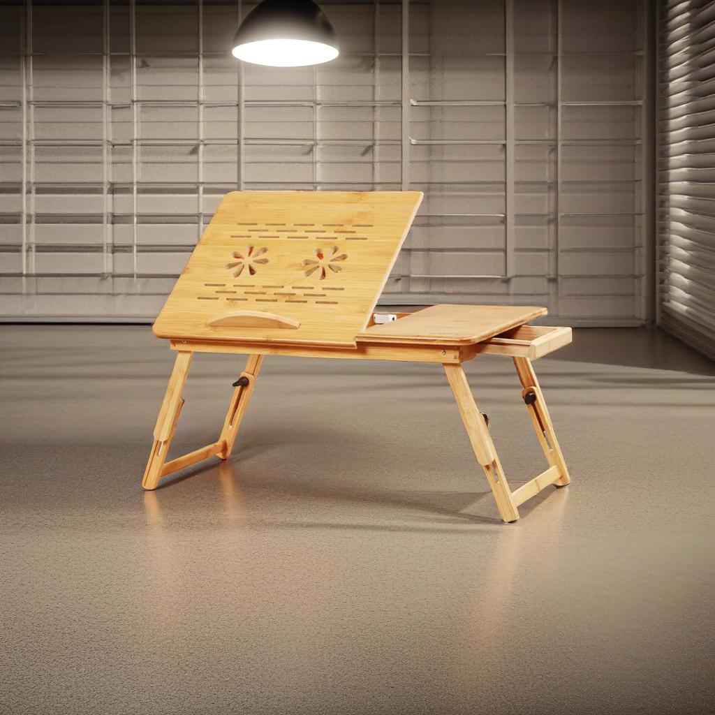 Adjustable Bamboo Laptop Bed Tray Table with Drawer, Folding Stand for 14" Laptops, Portable Desk