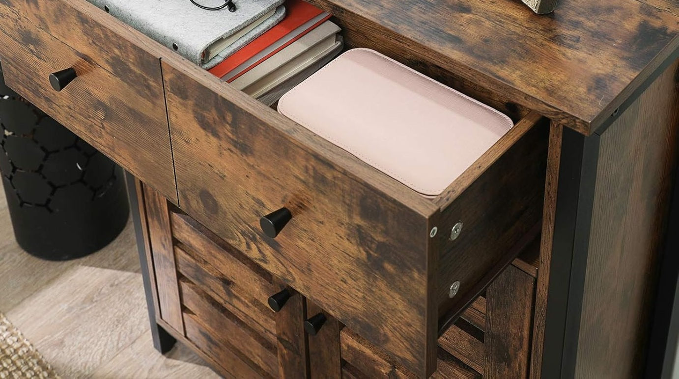 Rustic Floor Cabinet with Drawer & Louvered Doors – Freestanding Storage Unit for Hallway or Bedroom