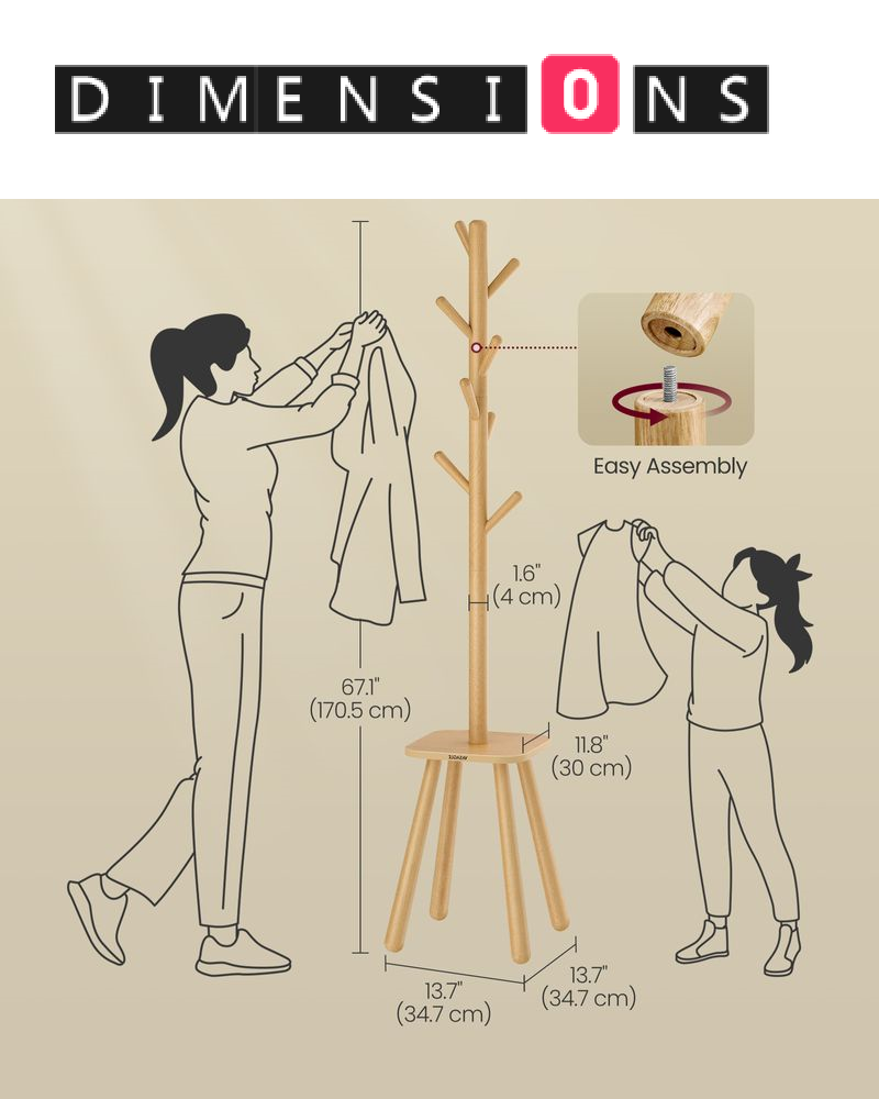 Coat Rack Stand Hall Tree with 8 Hooks and Storage Shelf