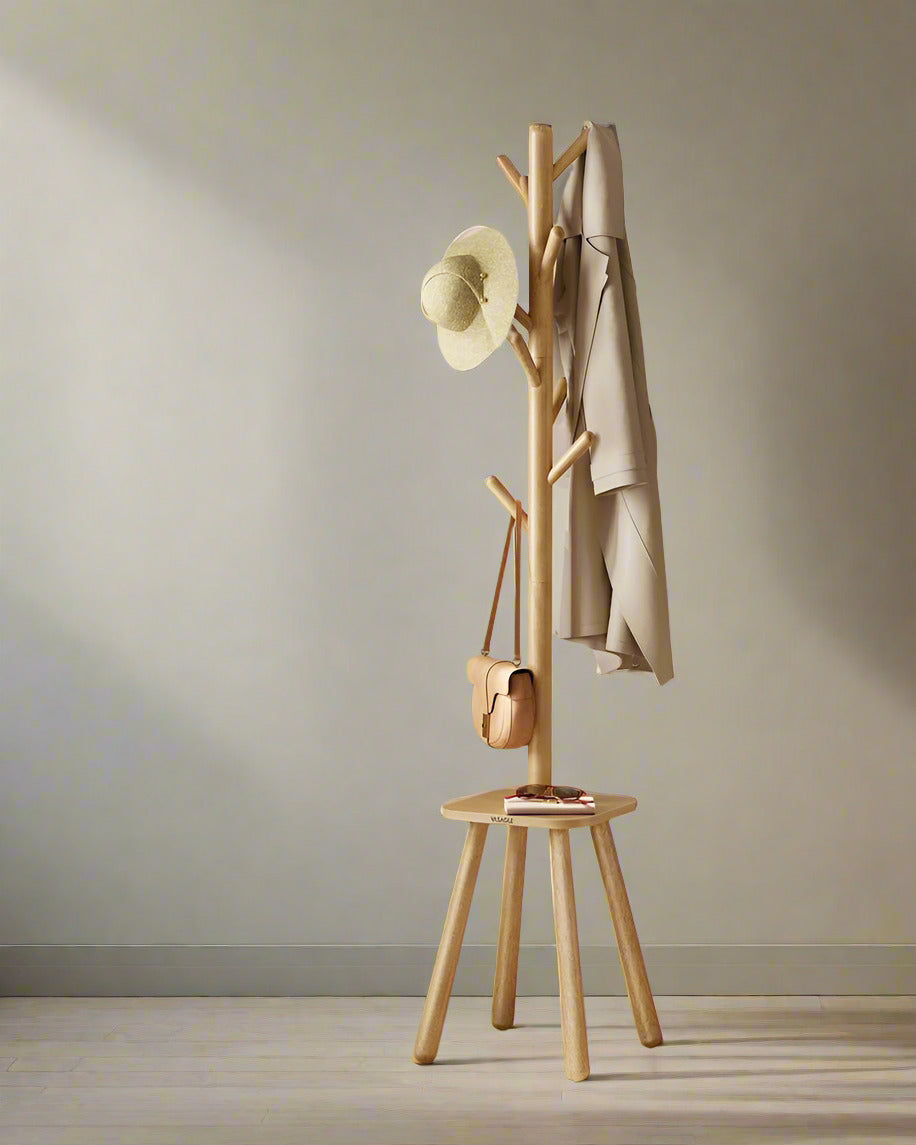 "Freestanding coat rack with 8 rounded hooks and lower shelf, ideal for storing jackets, hats, bags, and daily essentials in entryways or bedrooms."