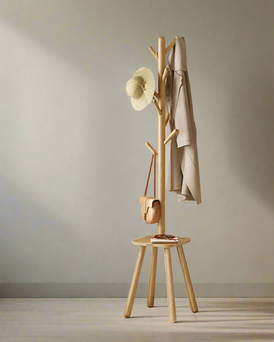 "Freestanding coat rack with 8 rounded hooks and lower shelf, ideal for storing jackets, hats, bags, and daily essentials in entryways or bedrooms."